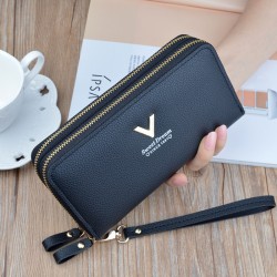 New women's wallet - double zipper long style hand-held bag, fashionable and simple, litchi-patterned large capacity double-layer money clip, mobile phone bag.
