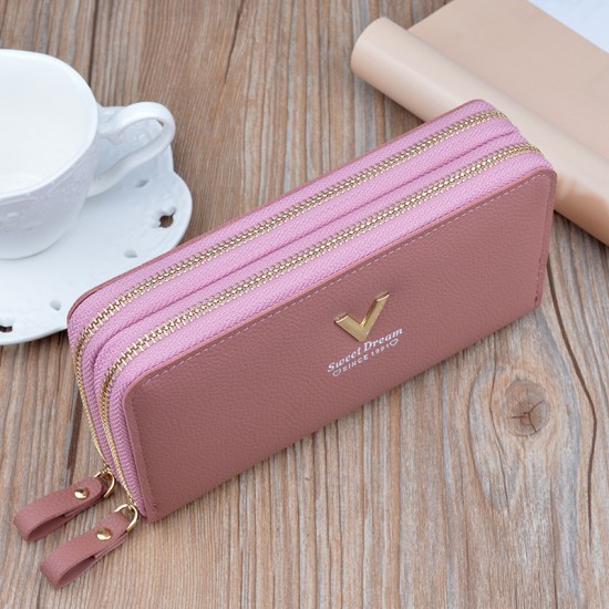 New women's wallet - double zipper long style hand-held bag, fashionable and simple, litchi-patterned large capacity double-layer money clip, mobile phone bag.