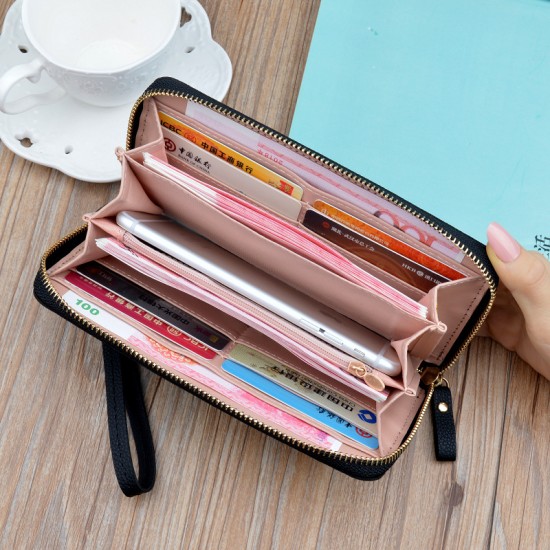 New women's wallet - long style with zipper, hand-held bag, fashionable and simple, large capacity, litchi-patterned money clip, mobile phone bag.