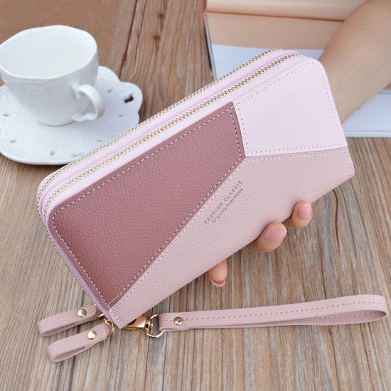 New women's wallet - long style double zipper hand-held bag, large capacity money clip, double-layer soft leather case, no change money bag.