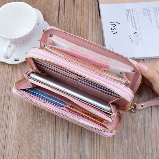 New women's wallet - long style double zipper hand-held bag, large capacity money clip, double-layer soft leather case, no change money bag.