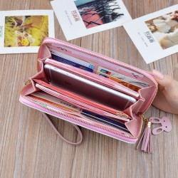 New women's wallet - long style Korean-style student fashion money clip with double zipper, multi-card slot, soft leather case, large capacity, litchi-patterned money clip.