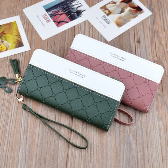 New women's wallet - long style Korean-style student fashion money clip with double zipper, multi-card slot, soft leather case, large capacity, litchi-patterned money clip.