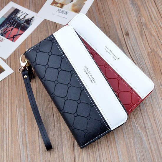 New women's wallet - long style Korean-style student fashion money clip with double zipper, multi-card slot, soft leather case, large capacity, litchi-patterned money clip.