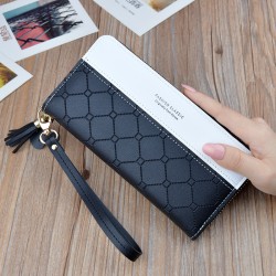 New women's wallet - long style Korean-style student fashion money clip with double zipper, multi-card slot, soft leather case, large capacity, litchi-patterned money clip.