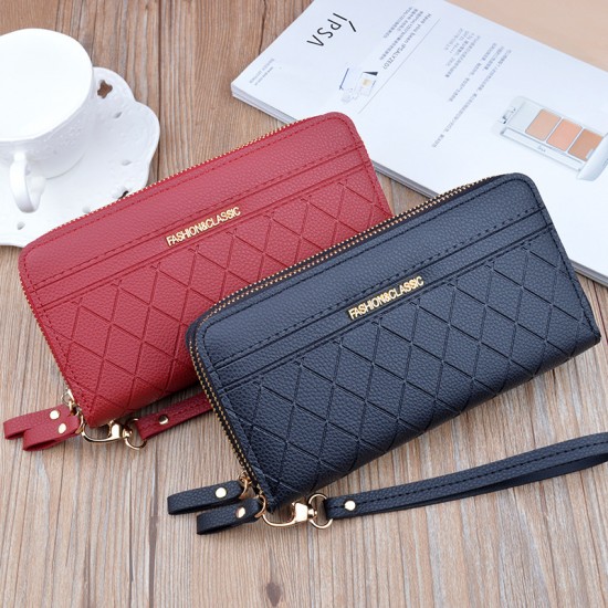 New women's wallet - long style double zipper hand-held bag, fashionable and checkered large capacity double-layer money clip, no change money bag.
