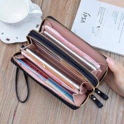 New women's wallet - long style Korean-style student fashion money clip with double zipper, multi-card slot, soft leather case, large capacity, litchi-patterned money clip.