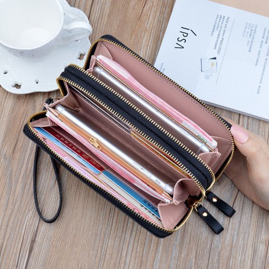 New women's wallet - long style Korean-style student fashion money clip with double zipper, multi-card slot, soft leather case, large capacity, litchi-patterned money clip.