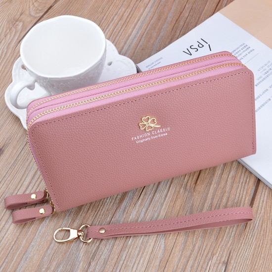 New women's wallet - long style Korean-style student fashion money clip with double zipper, multi-card slot, soft leather case, large capacity, litchi-patterned money clip.