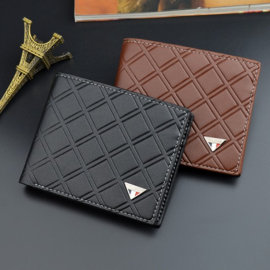 New men's wallet - short style wallet, men's youth fashion casual check pattern multi-card slot thin soft leather wallet, zero wallet