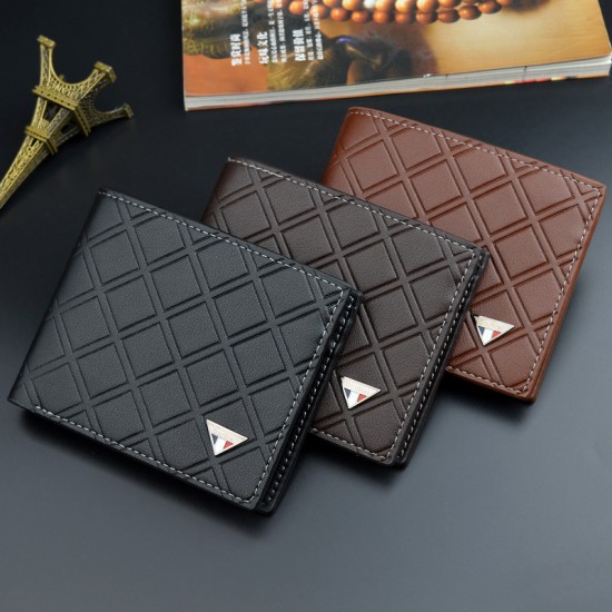 New men's wallet - short style wallet, men's youth fashion casual check pattern multi-card slot thin soft leather wallet, zero wallet
