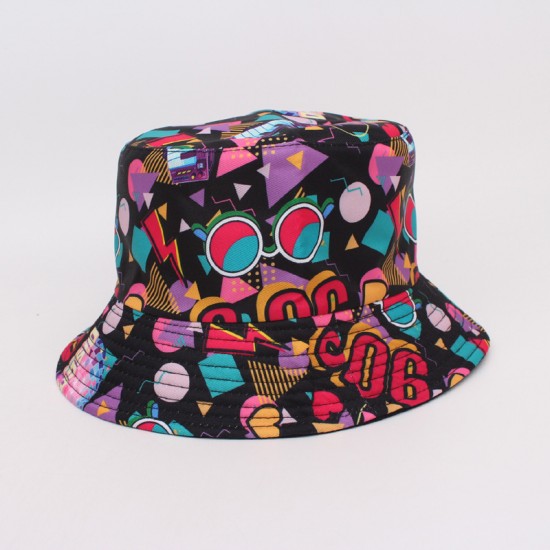 Cartoon digital print graffiti bucket hat, reversible sun visor, couple's dome spray hat