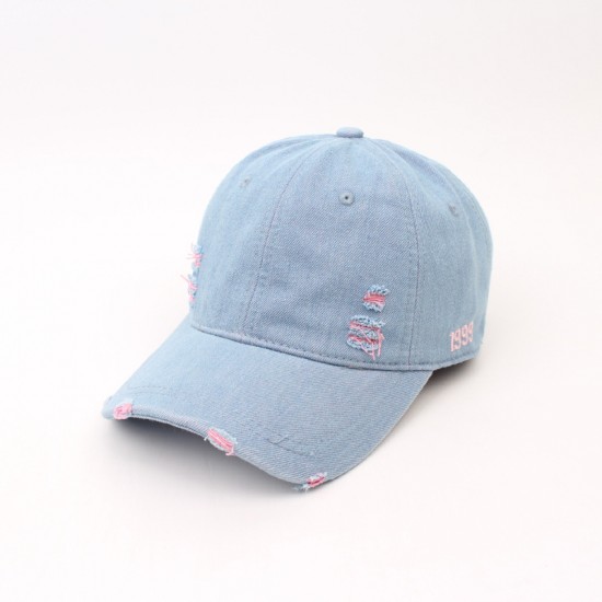 Spring and summer denim distressed and ripped baseball hats, versatile casual curved brim baseball hats, 1999 letter embroidered baseball caps