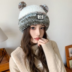 Autumn and winter color-blocked Mickey Mouse and Bear knitted wool hat, warm and versatile, cute plush earmuffs