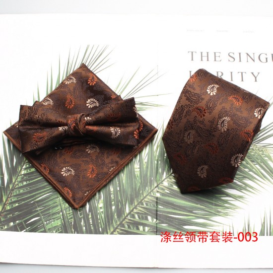 New brown polyester gentleman's fashionable casual men's tie, bow tie with handkerchief, ready for wholesale. New brown polyester gentleman's fashionable casual men's tie, bow tie with handkerchief, ready for wholesale.