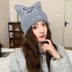 Winter and Autumn Knitted Bowknot Hat Thick Woolen Hat with Cute Cat Ears Warm Hat for Cold Weather Fall and Winter Trendy Hat