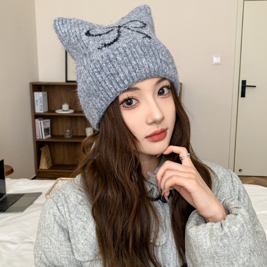 Winter and Autumn Knitted Bowknot Hat Thick Woolen Hat with Cute Cat Ears Warm Hat for Cold Weather Fall and Winter Trendy Hat Winter and Autumn Knitted Bowknot Hat Thick Woolen Hat with Cute Cat Ears Warm Hat for Cold Weather Fall and Winter Trendy Hat
