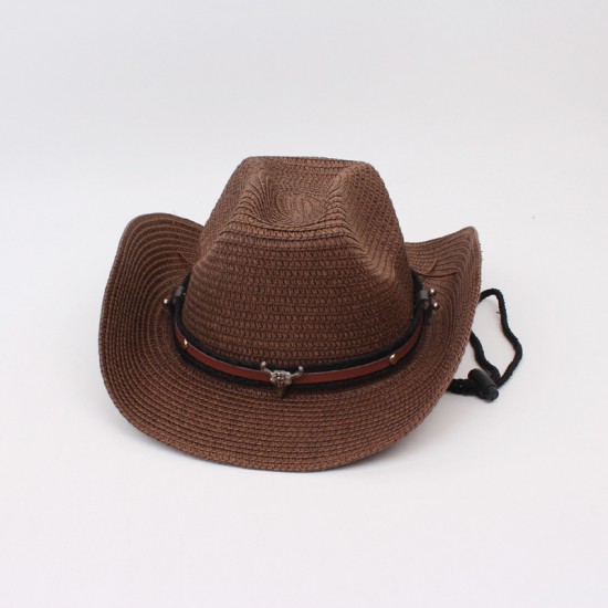 A spring/summer wide-brimmed sun protection straw hat with a cross-border, ethnic-style bull-head accessory. Cowboy hats for beach vacations