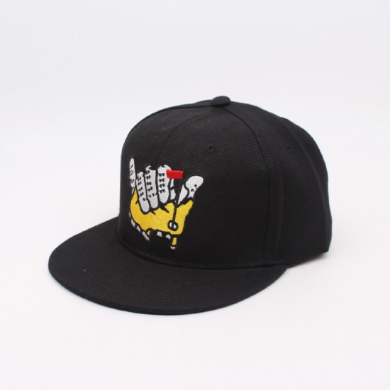 A versatile flat-brim hip-hop hat with personalized hand gesture embroidered cap, a fashionable street dance brand sun protection hat.