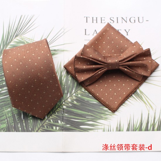 New retro-fashionable men's tie sets, polyester silk ties, bow ties, and square handkerchiefs for three-piece suits, available for wholesale.