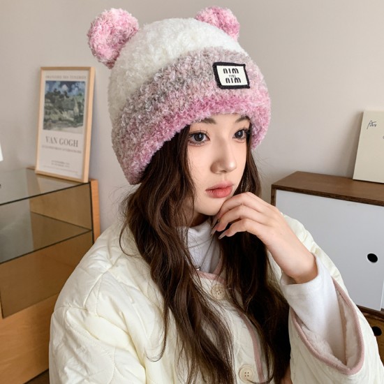 Autumn and winter color-blocked Mickey Mouse and Bear knitted wool hat, warm and versatile, cute plush earmuffs
