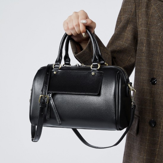 New Winter Genuine Leather Boston Pillow Bag, Fashionable and Casual Handbag, Cowhide Shoulder Bag for Women
