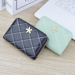 New women's card case - short style, zipper card case, student, mini portable card holder, checkered pattern, soft leather case, small purse