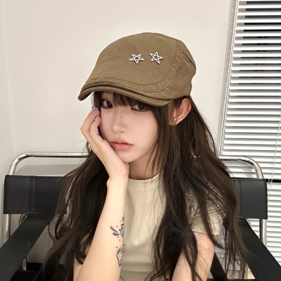 Forward hat, retro distressed star cap, Korean style, versatile and face-enhancing little painter newsboy cap, beret