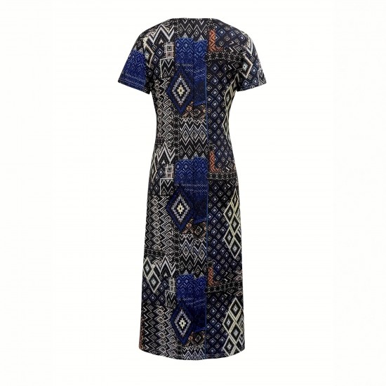 Spring and summer cross-border European and American new style fashion geometric pattern print loose plus size dress for women 2025 Spring and summer cross-border European and American new style fashion geometric pattern print loose plus size dress for women 2025
