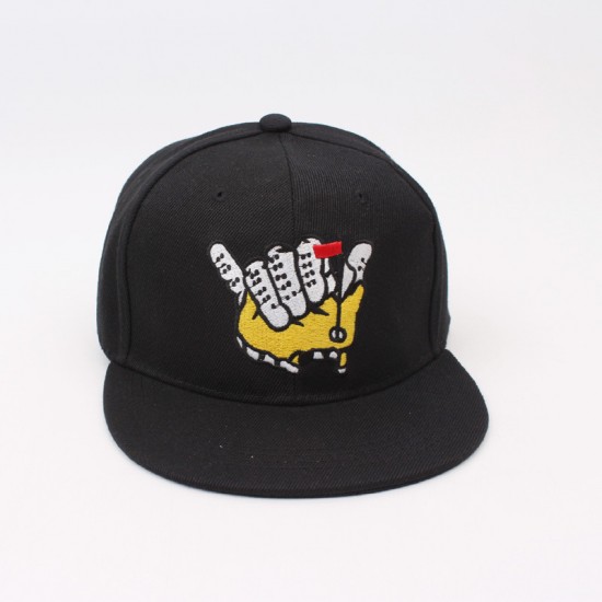 A versatile flat-brim hip-hop hat with personalized hand gesture embroidered cap, a fashionable street dance brand sun protection hat.