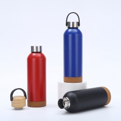 New large-capacity cork-bottomed outdoor sports water bottle, portable handle thermos with bamboo lid, cycling bottle