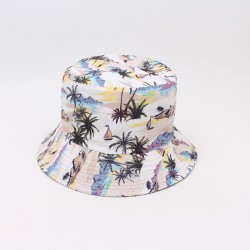 Double-sided sun hats from overseas, coconut tree prints for beach vacations. Summer outdoor travel sun hat with floral pattern, suitable for sun protection.