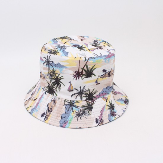 Double-sided sun hats from overseas, coconut tree prints for beach vacations. Summer outdoor travel sun hat with floral pattern, suitable for sun protection.