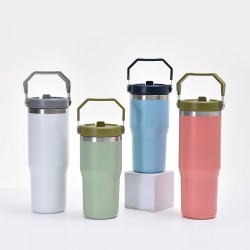 Cross-border 304 stainless steel car cup, double-walled vacuum coffee cup with straw, outdoor car thermos with handle