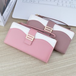 New women's wallet - long style, double-fold, multiple card slots, card case with zipper, snap closure, soft leather case, hand-held, fashionable, Korean style, mixed color