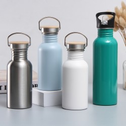 Stainless steel sports water bottle with bamboo and wooden lid, large-mouthed insulated mug, portable single-layer, wholesale for export.
