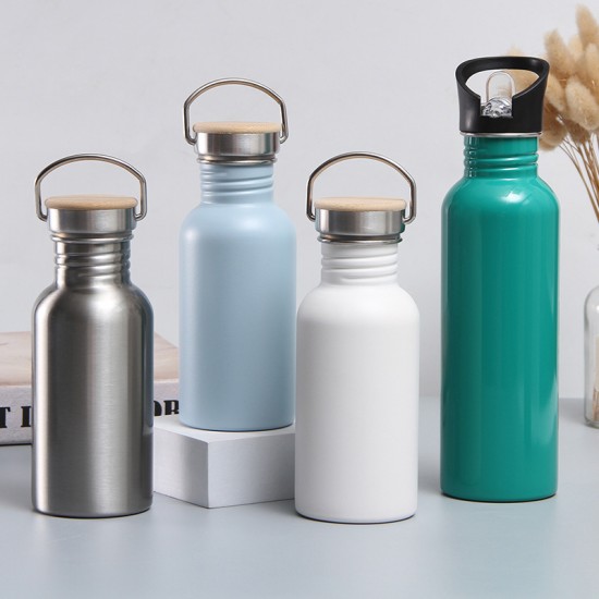 Stainless steel sports water bottle with bamboo and wooden lid, large-mouthed insulated mug, portable single-layer, wholesale for export.