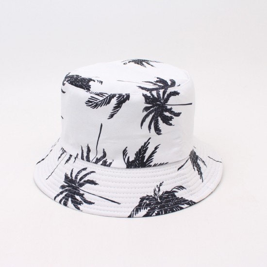 Double-sided sun hats from overseas, coconut tree prints for beach vacations. Summer outdoor travel sun hat with floral pattern, suitable for sun protection.