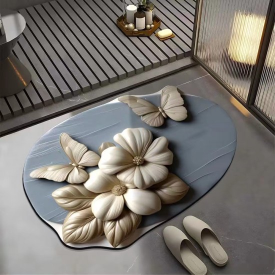 Visual 3D floral butterfly diatom mud floor mat, home bathroom, non-slip, absorbent, easy-care mat