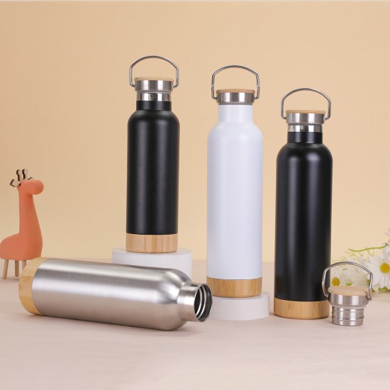 304 stainless steel double-layer vacuum insulated mug, bamboo bottom, cork bottom, American-style wide-mouth sports water bottle, outdoor hiking