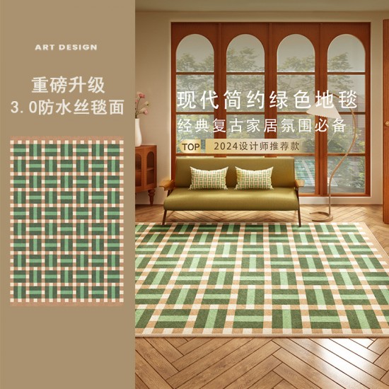 Mid-century French vintage green rug for the living room, American luxury, low-maintenance coffee table rug