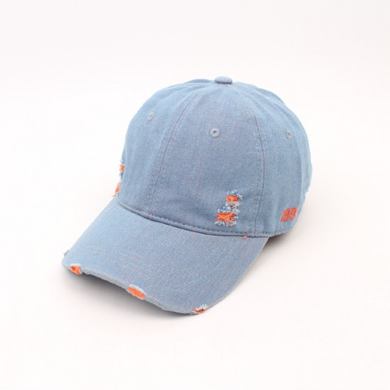 Spring and summer denim distressed and ripped baseball hats, versatile casual curved brim baseball hats, 1999 letter embroidered baseball caps