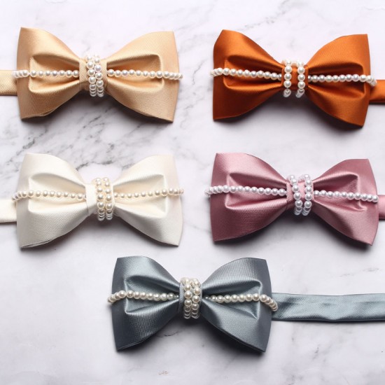 Manufacturer Solid Color Polyester Bow Ties, Casual Fashion, Creative Pearl Customized Bow Ties, New Collars, In-Stock
