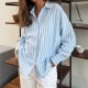 Autumn fashion polo neck Middle East 2025 new style European and American women's wear cardigan striped regular long sleeve shirt for women Autumn fashion polo neck Middle East 2025 new style European and American women's wear cardigan striped regular long sleeve shirt for women
