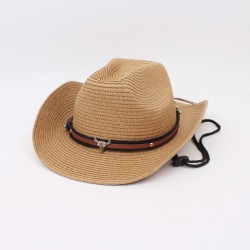 A spring/summer wide-brimmed sun protection straw hat with a cross-border, ethnic-style bull-head accessory. Cowboy hats for beach vacations