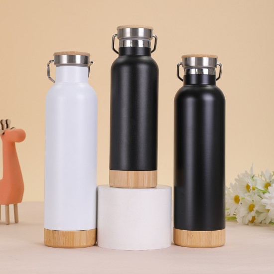 304 stainless steel double-layer vacuum insulated mug, bamboo bottom, cork bottom, American-style wide-mouth sports water bottle, outdoor hiking