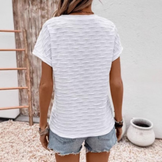 Spring and summer fashion jacquard round neck 2025 new style European and American women's wear solid color V-neck batwing sleeve unique top T-shirt for women Spring and summer fashion jacquard round neck 2025 new style European and American women's wear solid color V-neck batwing sleeve unique top T-shirt for women