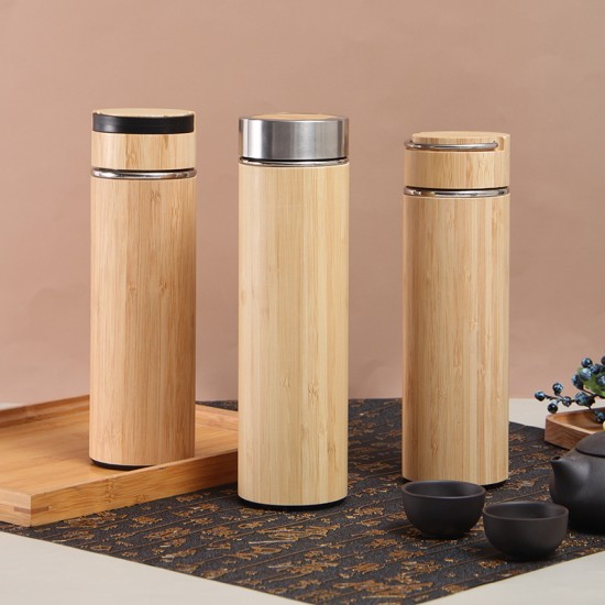 304 stainless steel thermos with portable lid, stylish bamboo-grain straight cup, portable office tea cup