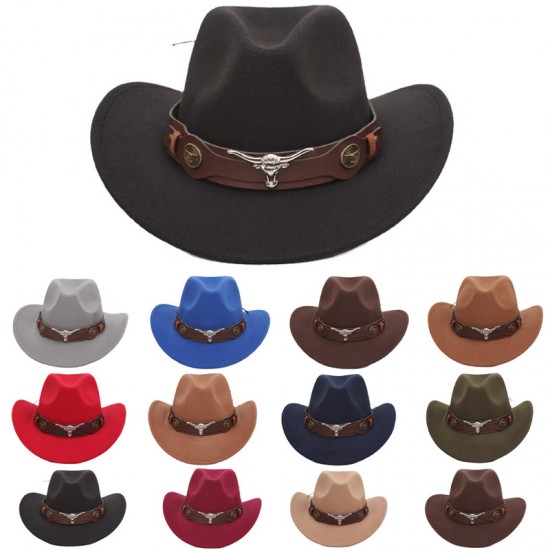 Cross-border Golog Tibetan hat, western cowboy hat, bull head accessory, felt hat, ethnic style curled brim jazz hat