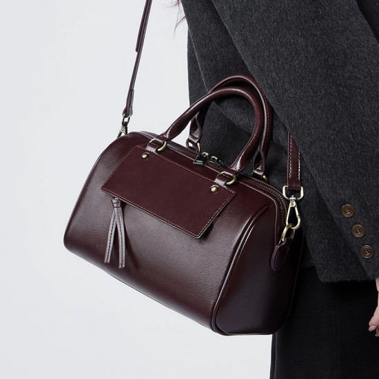 New Winter Genuine Leather Boston Pillow Bag, Fashionable and Casual Handbag, Cowhide Shoulder Bag for Women
